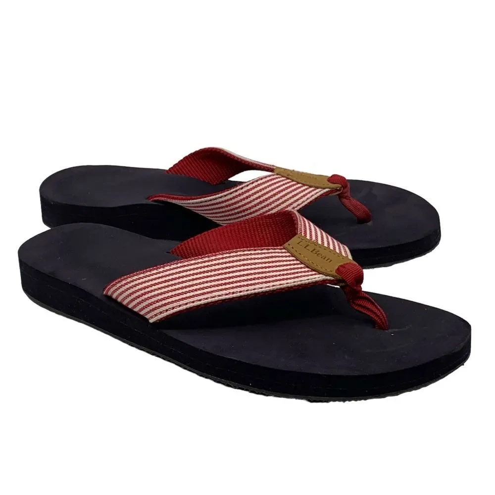 L.L. Bean Women's Main Isle Flip Flop‎ Sandals Thong Red/White Stripes Size 9 M